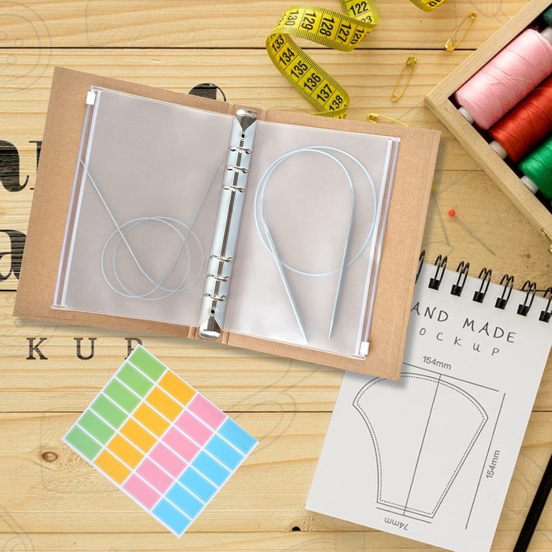 WANGDEFA Knitting Needles Holder Case Set Circular Needle Case Circular Knitting Needle Storage 1 Pcs Kraft Cover 20 Pcs Binder Pockets and 48 Pcs Label Paper for Collecting Sorting - Image 4